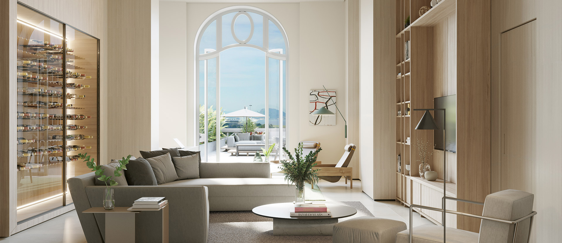 Perspectiva de sala de apartamento no edifício histórico, com esquadria em arco