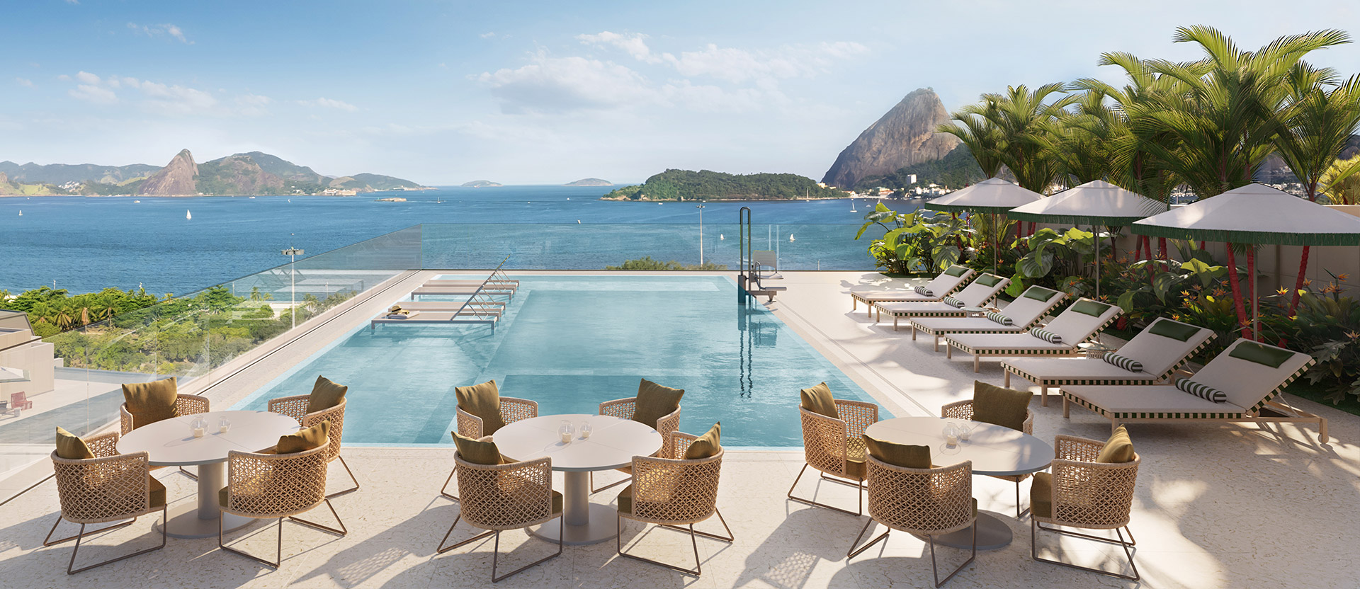 Perspectiva do rooftop do Glória Residencial, com piscina e a Baía de Guanabara ao fundo